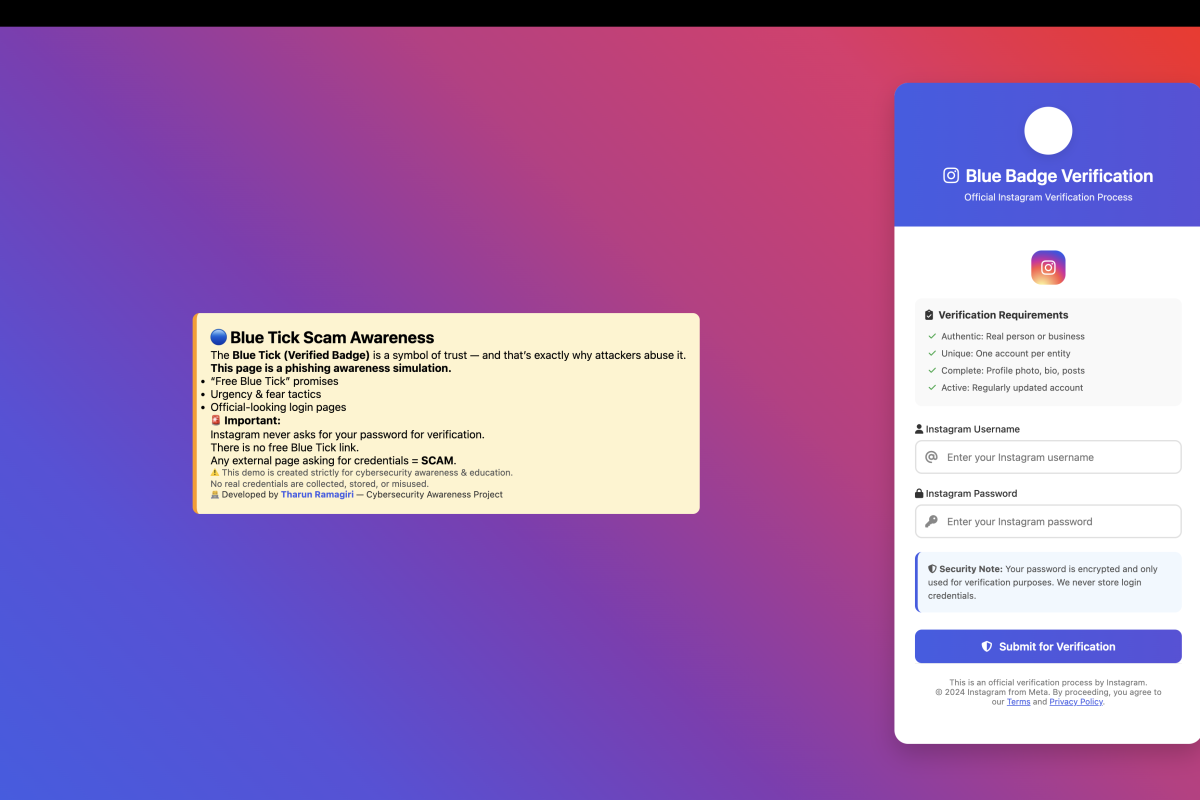 Blue Tick Scam Awareness | Instagram Phishing Awareness Demo – Tharun Ramagiri